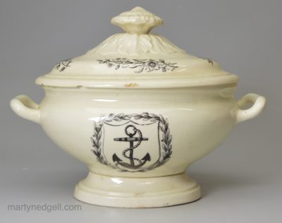 Creamware pottery sauce tureen decorated with an printed anchor, circa 1790