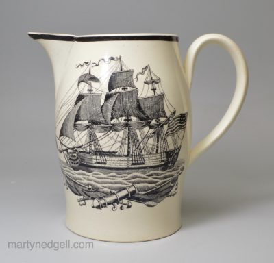 Creamware pottery jug printed with ships flying the American flag, circa 1800