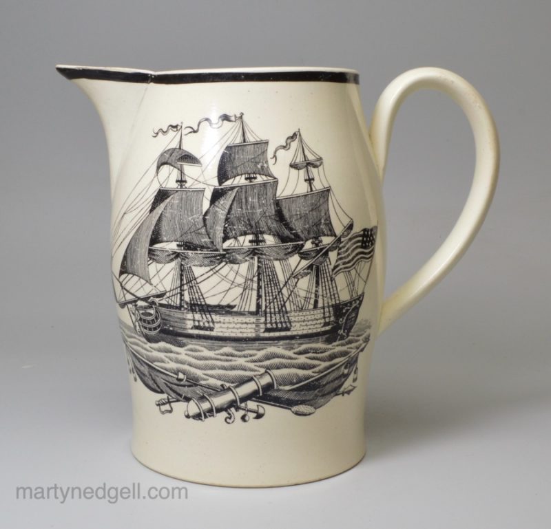 Creamware pottery jug printed with ships flying the American flag, circa 1800