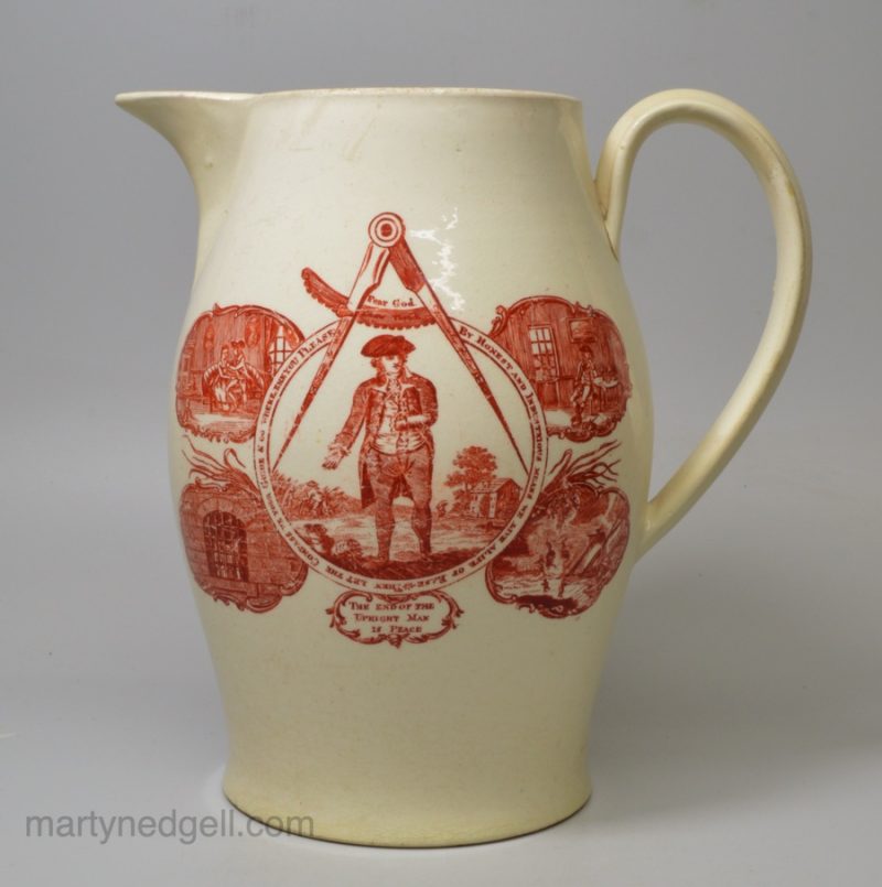 Creamware pottery jug printed in red with both the male and female 'Keep within the Compass', circa 1790