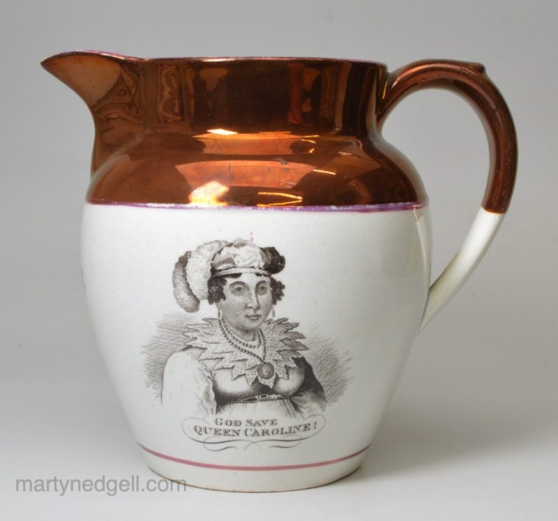 Small commemorative 'GREEN BAG' pearlware pottery jug 'GOD SAVE QUEEN CAROLINE', circa 1821