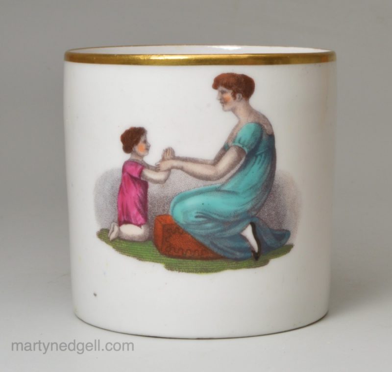 New hall porcelain coffee can decorated with an Adam Buck style print, circa 1820