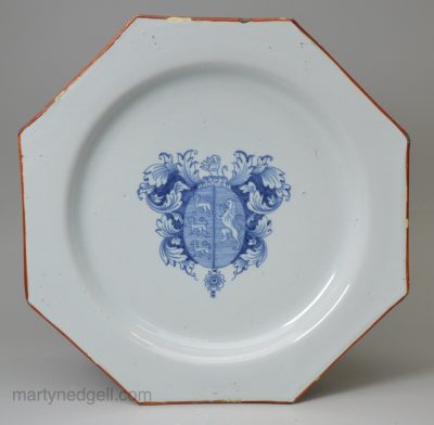 Octagonal Liverpool delft armorial plate, circa 1750 one of two