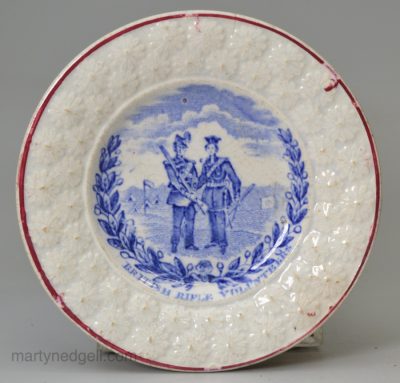 Pearlware pottery child's plate 'BRITISH RIFLE VOLUNTEERS', circa 1859