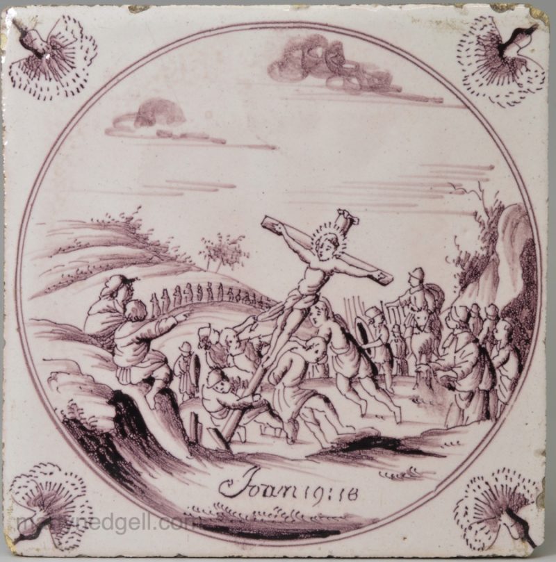 Dutch Delft biblical tile, The Crucifixion, circa 1740