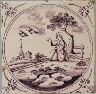 Dutch Delft biblical tile, Elijah and the ravens, circa 1740