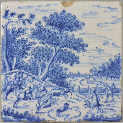 Dutch Delft tile painted with a boar hunt, circa 1740