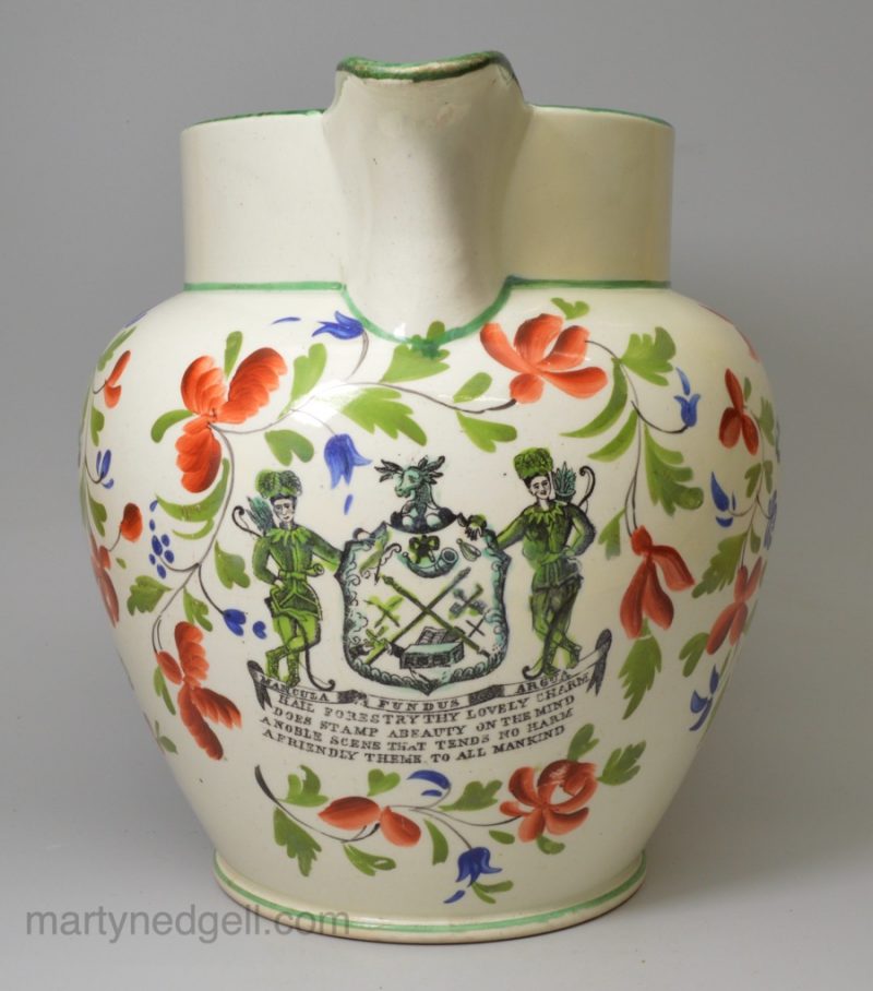 Large creamware pottery jug decorated with the Royal Foresters Arms, circa 1820, probably Sunderland pottery