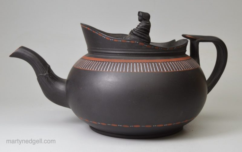 Black basalt teapot decorated with encaustic enamels, circa 1790