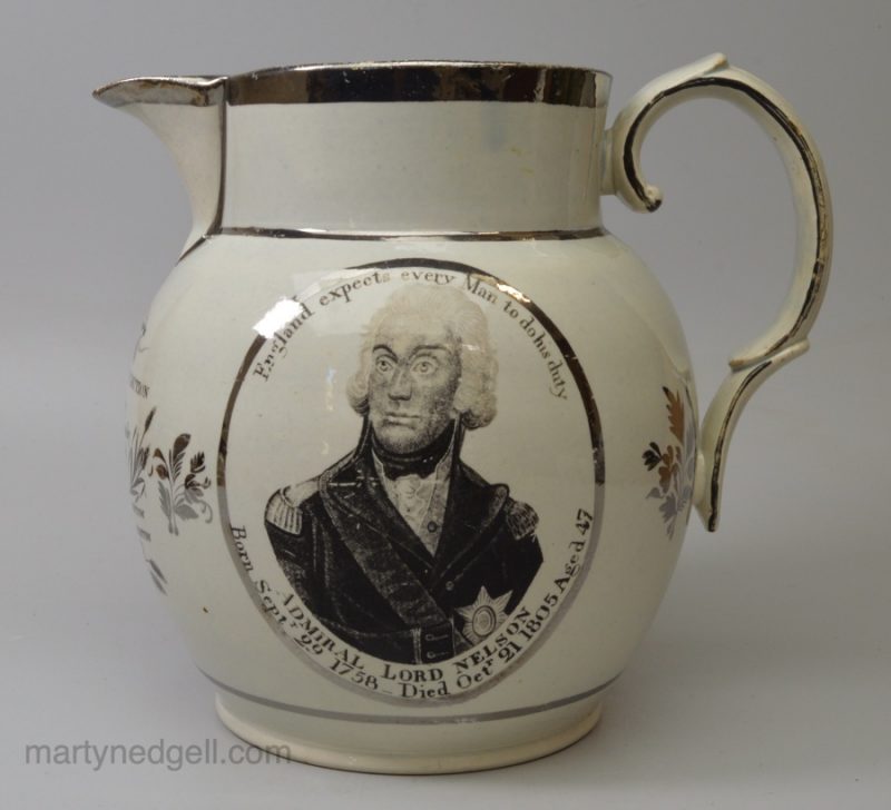 Pearlware pottery jug commemorating the death of Nelson and the Victory at Battle of Trafalgar, circa 1805