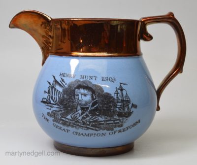 Commemorative pearlware jug decorated with blue slip and copper lustre with a print of Henry Hunt the great reformist, circa 1819