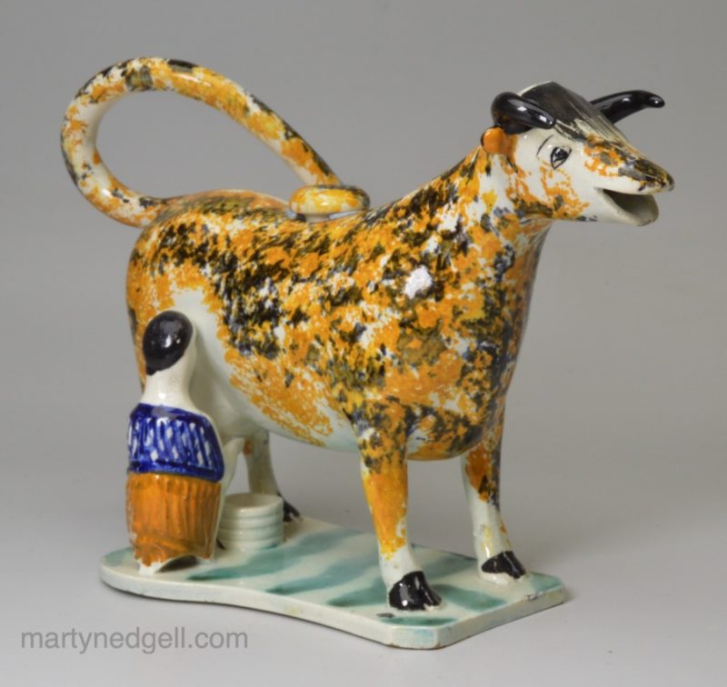 Prattware pottery cow creamer, circa 1820