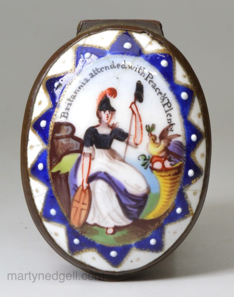 Bilston enamel patch box 'Britannia attended with Peace & Plenty', circa 1790