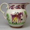 Pearlware pottery jug moulded with equestrian figures and decorated with overglaze enamels and pink lustre, circa 1820