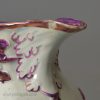 Pearlware pottery jug moulded with equestrian figures and decorated with overglaze enamels and pink lustre, circa 1820