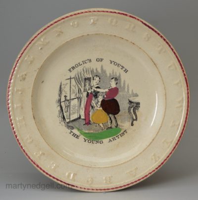 Pearlware pottery child's alphabet plate, 'THE YOUNG ARTIST', circa 1840