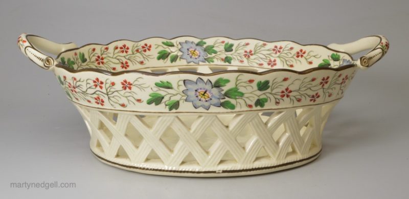 Creamware pottery basket decorated with overglaze enamels, circa 1800