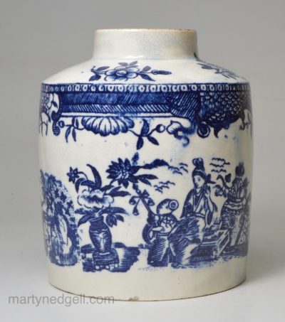 Pearlware pottery tea canister decorated with transfer prints in blue under the glaze, circa 1790