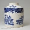 Pearlware pottery tea canister decorated with transfer prints in blue under the glaze, circa 1790