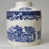 Pearlware pottery tea canister decorated with transfer prints in blue under the glaze, circa 1790