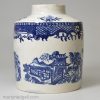 Pearlware pottery tea canister decorated with transfer prints in blue under the glaze, circa 1790