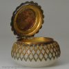 Small glass pot with a reverse print decoration on the lid, circa 1840