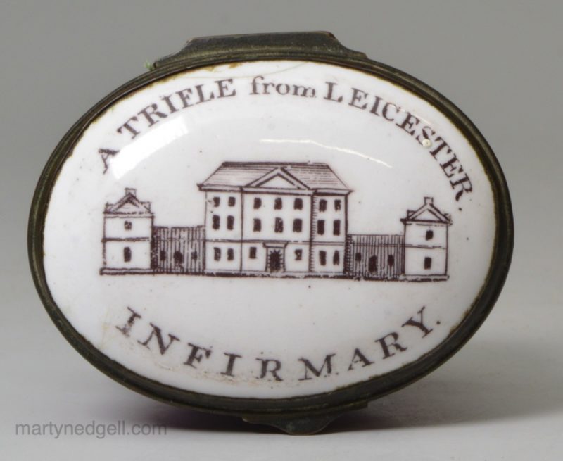 Bilston enamel patch box 'A TRIFLE from LEICESTER INFIRMARY, circa 1771