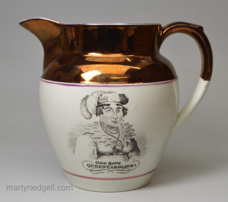 Small commemorative 'GREEN BAG' pearlware pottery jug 'GOD SAVE QUEEN CAROLINE', circa 1821