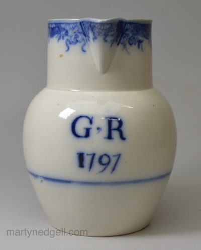 Pearlware pottery commemorative jug 'GR' dated 1797