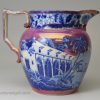 Pearlware pottery jug decorated with blue transfer prints under the glaze and pink lustre over the glaze, circa 1820