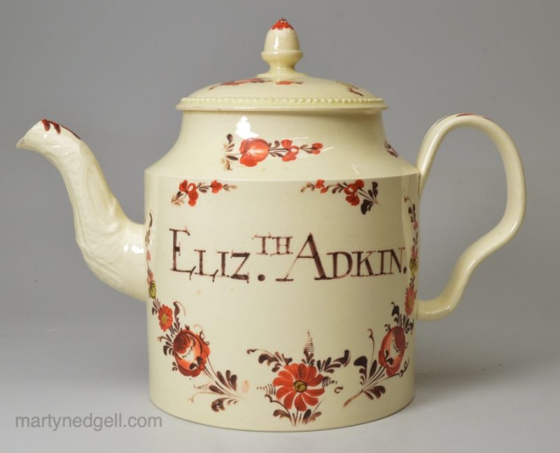 Creamware pottery teapot,'ELIZth. ADKIN', circa 1770, possibly Leeds Pottery