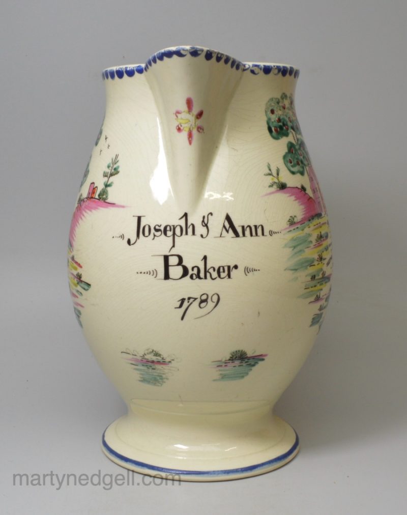 Creamware pottery jug Joseph & Ann Baker 1789, Cobblers, possibly Yorkshire pottery