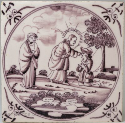 Dutch Delft biblical tile, Christ heals the blind man, circa 1750