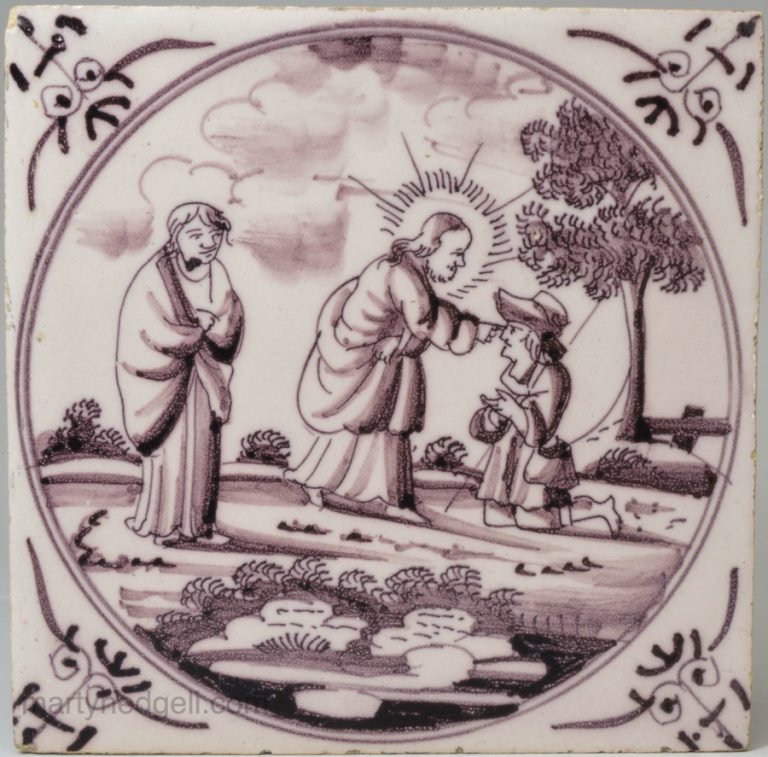 Dutch Delft Biblical Tile Christ Heals The Blind Man Circa Martyn Edgell Antiques Ltd