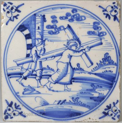 Dutch Delft biblical tile, Christ carrying the cross, circa 1750