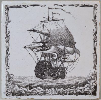 Liverpool delft tile, printed with a ship, signed 'Sadler Liverpool' circa 1760