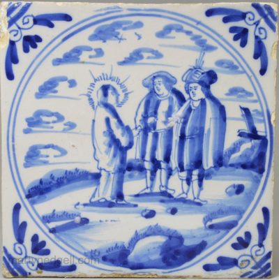 London delft biblical tile, Christ and the Tribute Money circa 1750