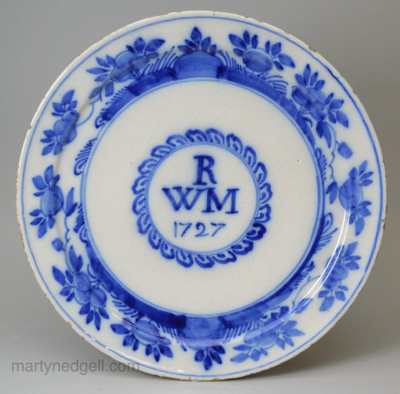 Bristol delft plate painted in blue and dated 1727