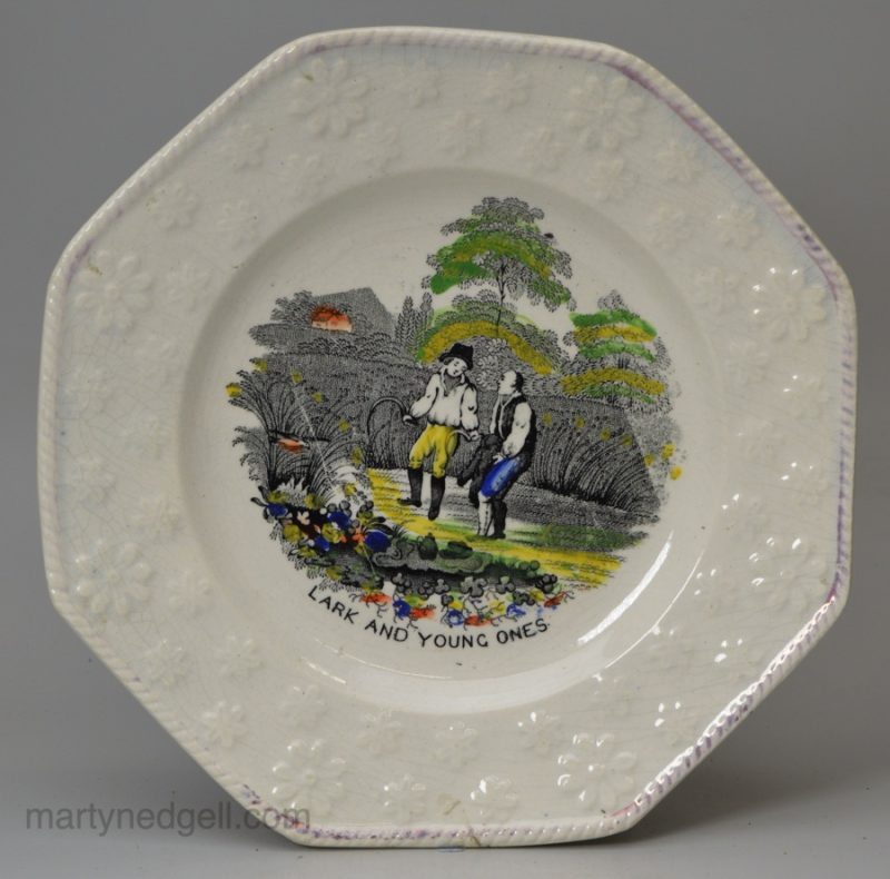 Pearlware pottery child's plate 'LARK AND YOUNG ONES', circa 1840