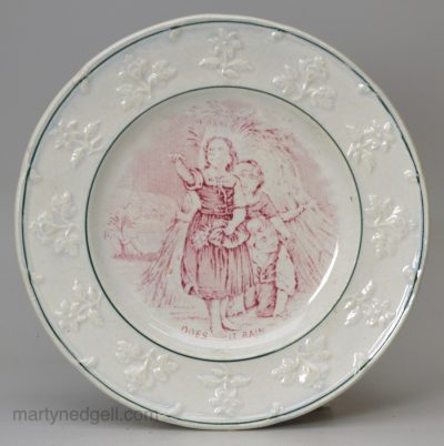 Pearlware pottery child's plate 'DOES IT RAIN', circa 1840