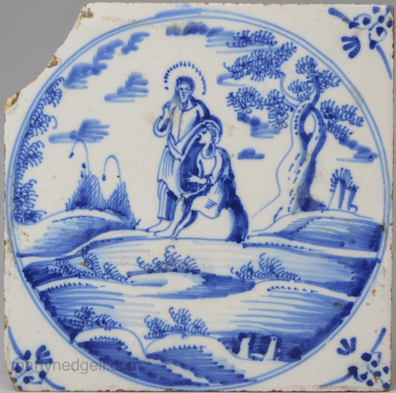 Dutch Delft biblical tile 'Christ healing a blind man, circa 1750