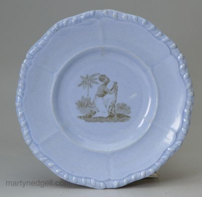 Blue pottery plate printed with an anti slavery design, circa 1820