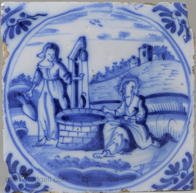 London delft biblical tile, Jesus and the Woman of Samaria, circa 1750