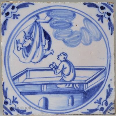 London delft biblical tile, St. Peter's Vision at Joppa, circa 1750