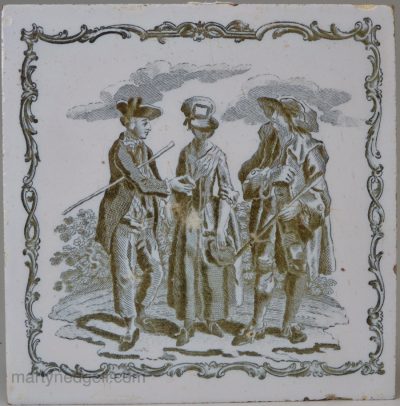 Liverpool Delft tile decorated with a Sadler print of a sailor offering a gift to a country lass, circa 1770