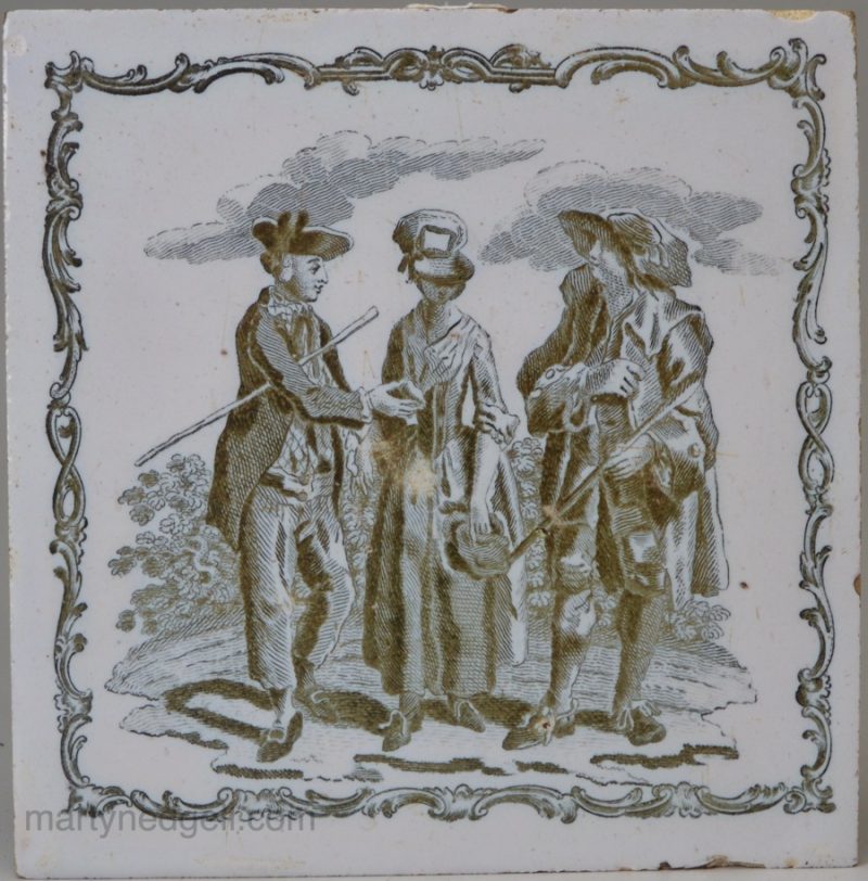 Liverpool Delft tile decorated with a Sadler print of a sailor offering a gift to a country lass, circa 1770