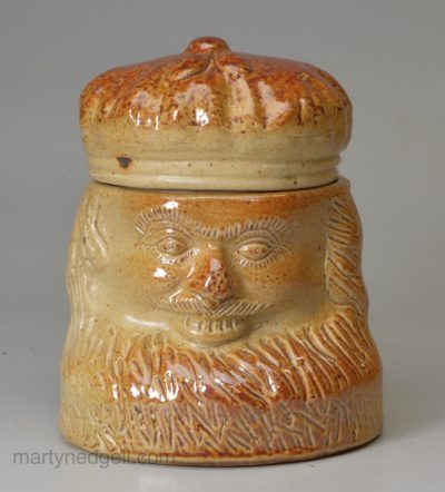 Saltglaze stoneware Scotsman head pot and cover, circa 1840, Brampton Pottery