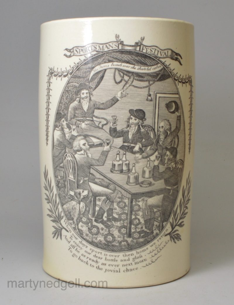 Creamware pottery mug decorated with the print 'SPORTSMANS FESTIVAL', circa 1790