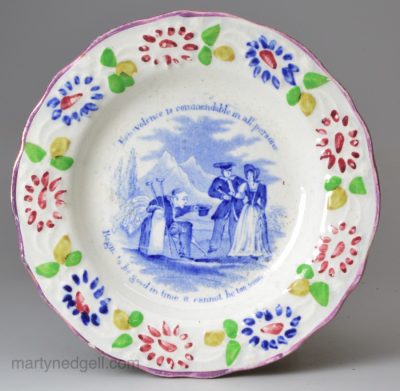 pearlware pottery child's plate 'Benevolence is commendable in all persons', circa 1830