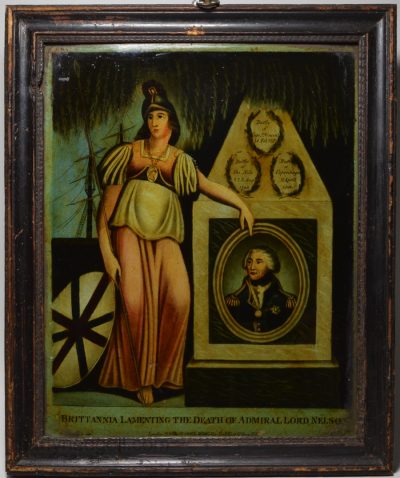 Reverse print on glass 'BRITANNIA LAMENTING THE DEATH OF ADMIRAL LORD NELSON' circa 1805